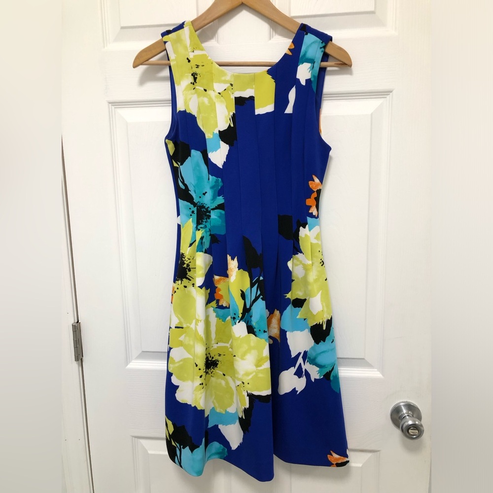 Vince Camuto Blue and Yellow A-Line Midi Dress Pockets Zipper